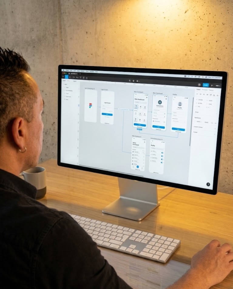 David trabajando un wireframe de una app móvil en Figma desde su computadora Mac sentado en su escritorio