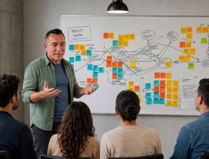David facilitando un workshop de UX, explicando un customer journey map con post-its coloridos a un equipo de trabajo en una sala de reuniones