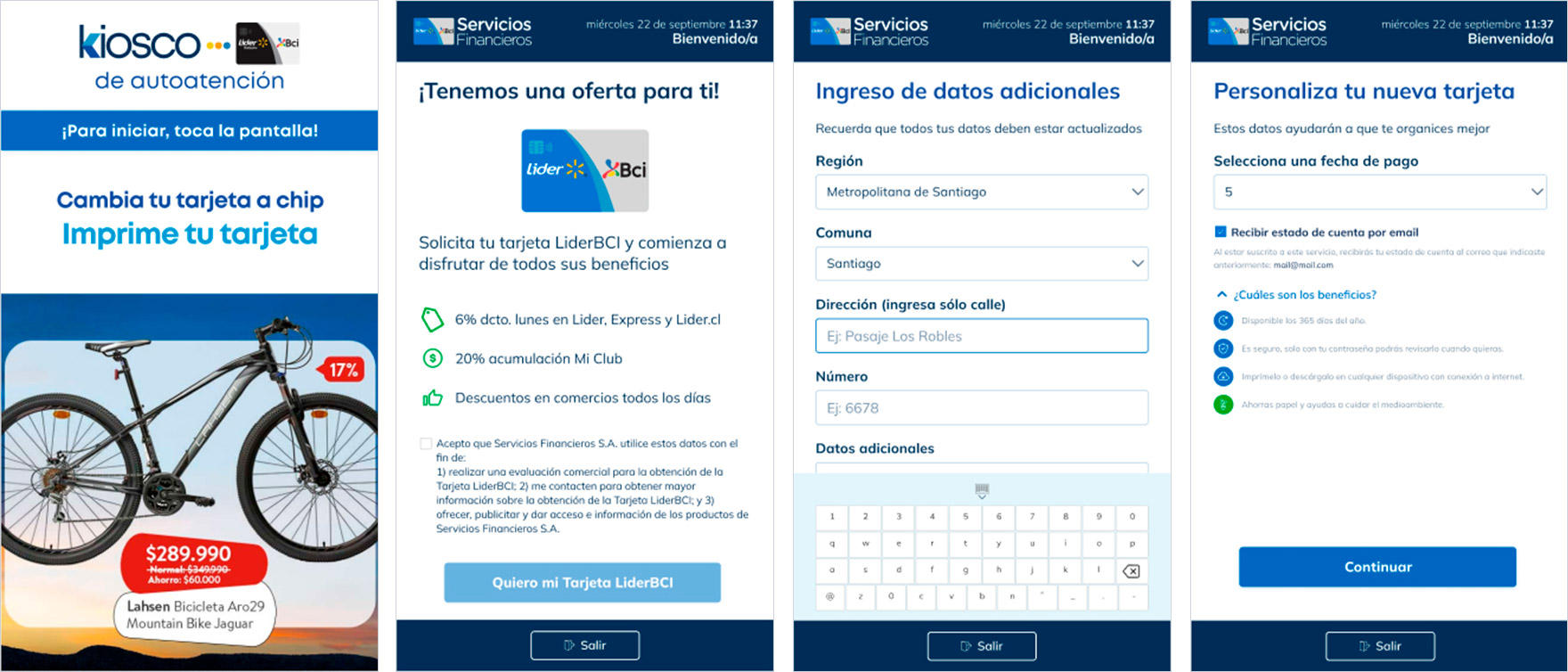Interfaz del kiosco de autoatención Lider-BCI mostrando flujo de endoso, diseño UX/UI optimizado por David.