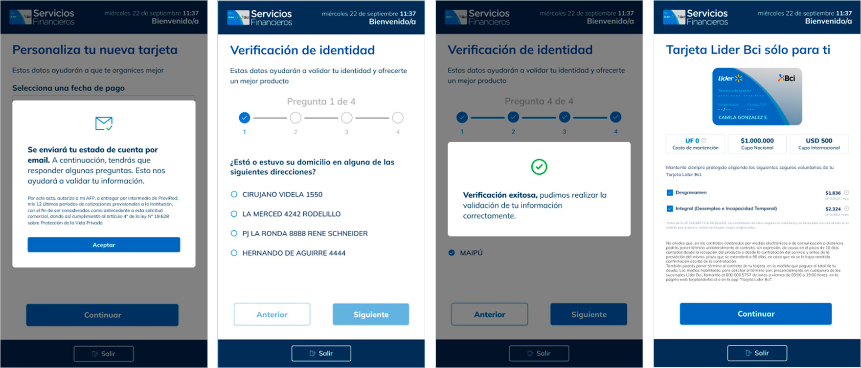 Interfaz del kiosco de autoatención Lider-BCI mostrando flujo de endoso, diseño UX/UI optimizado por David.