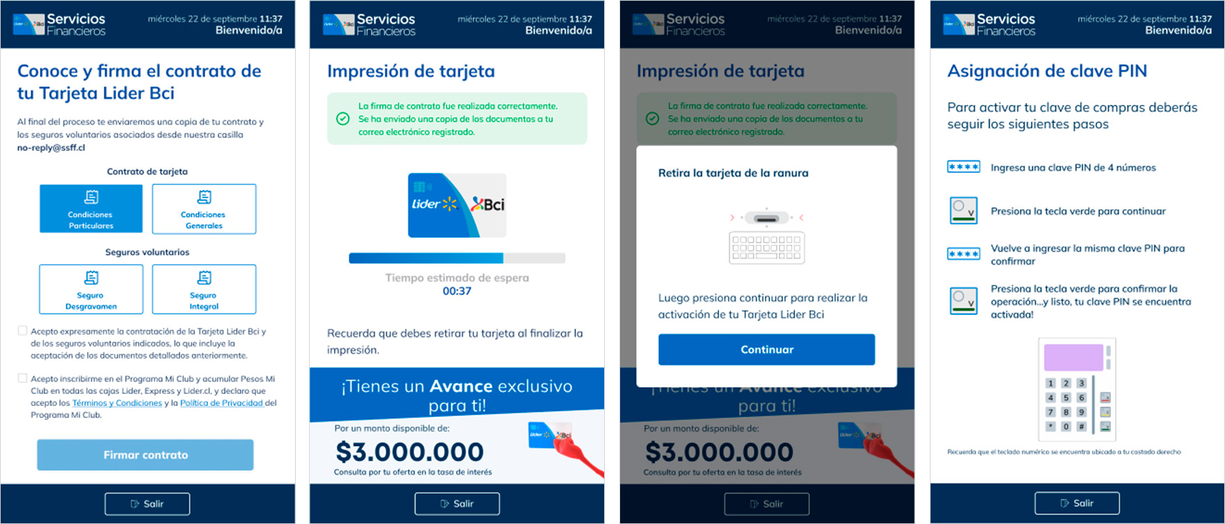 Interfaz del kiosco de autoatención Lider-BCI mostrando flujo de endoso, diseño UX/UI optimizado por David.