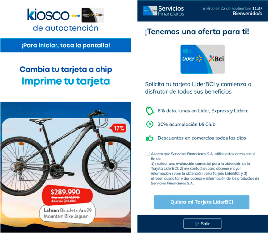 Interfaz del kiosco de autoatención Lider-BCI mostrando flujo de endoso, diseño UX/UI optimizado por David.