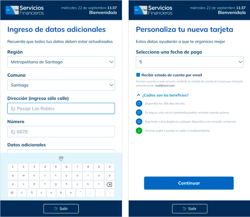 Interfaz del kiosco de autoatención Lider-BCI mostrando flujo de endoso, diseño UX/UI optimizado por David.