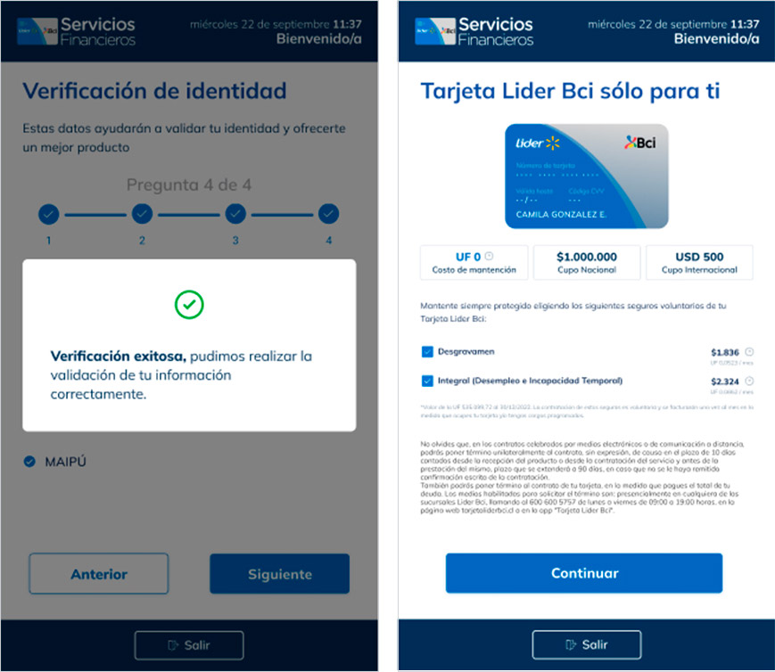 Interfaz del kiosco de autoatención Lider-BCI mostrando flujo de endoso, diseño UX/UI optimizado por David.
