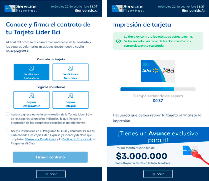 Interfaz del kiosco de autoatención Lider-BCI mostrando flujo de endoso, diseño UX/UI optimizado por David.