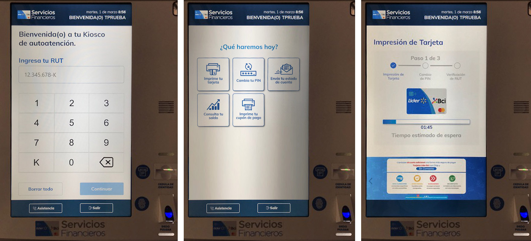 Interfaz de menú principal del kiosco de autoatención Lider-BCI mostrando opciones de servicios en pantalla táctil de 27 pulgadas, diseño UX/UI optimizado por David.
