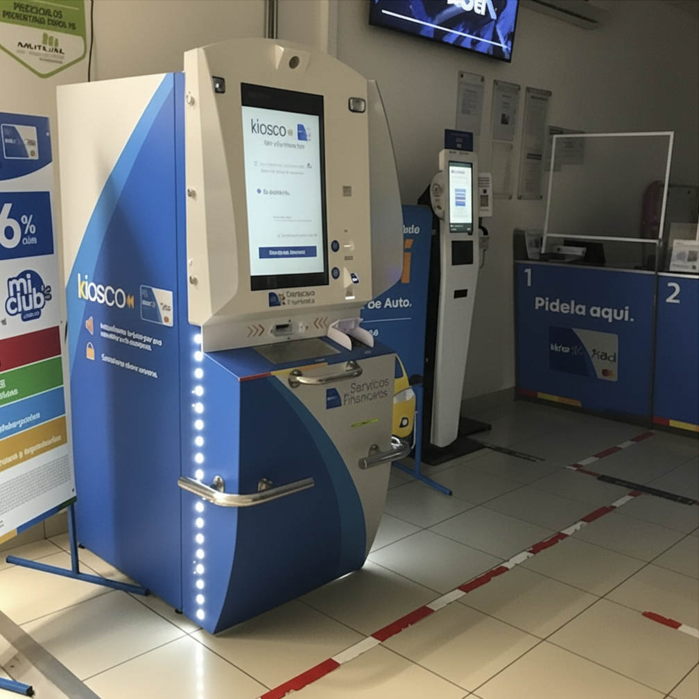 Kiosco de autoatención de Lider-BCI mostrando la interfaz de pantalla táctil de 27 pulgadas diseñada para servicios financieros en tienda