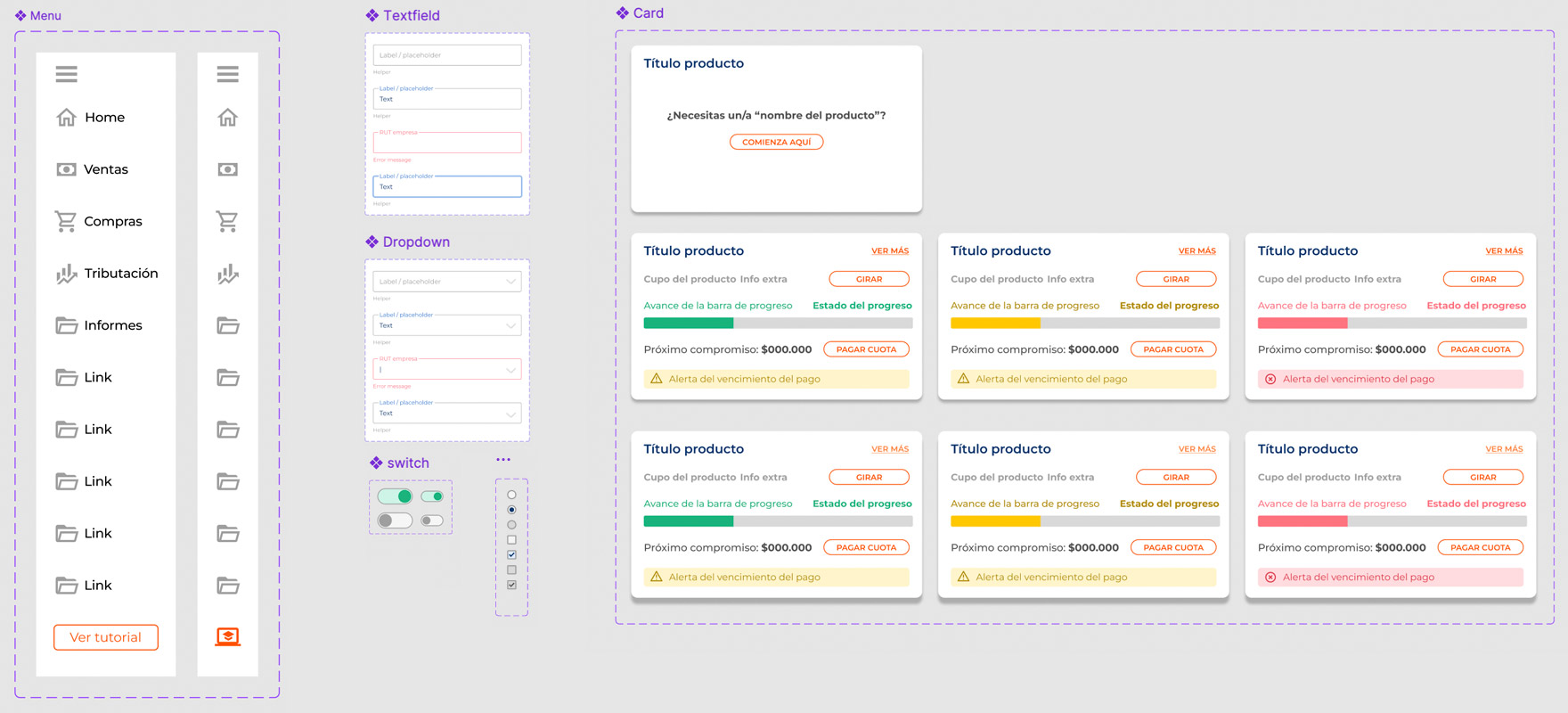 Visualización del software colaborativo de diseño Figma, mostrando algunos componenetes creados para la unificación de las plataformas de Maxxa. Diseño UX/UI optimizado por David.
