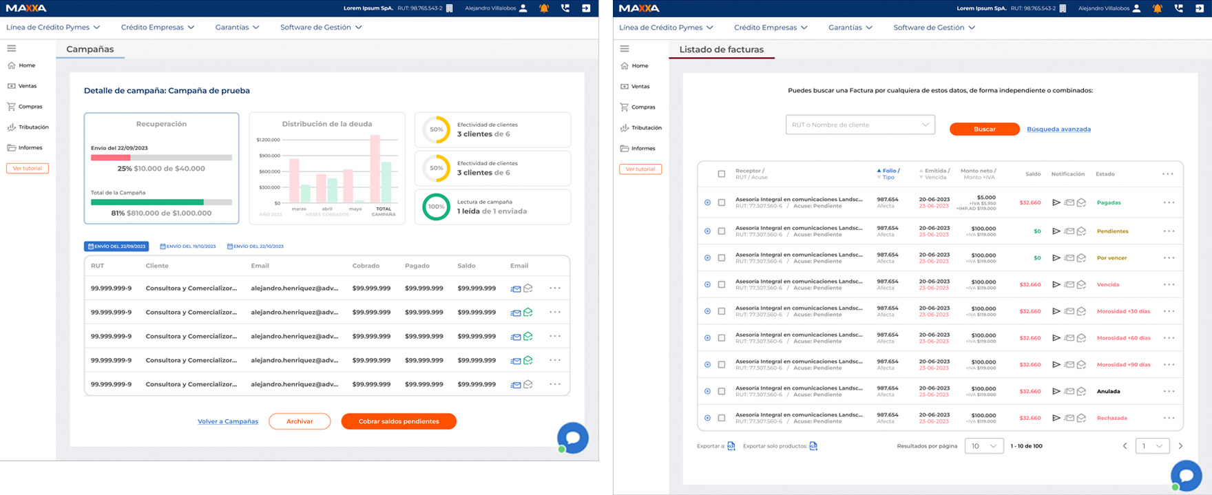 Interfaz de la plaforma ERP de Maxxa, mostrasndo pantallas con la transición gráfica de la versión antigua a la versión nueva. Diseño UX/UI optimizado por David.