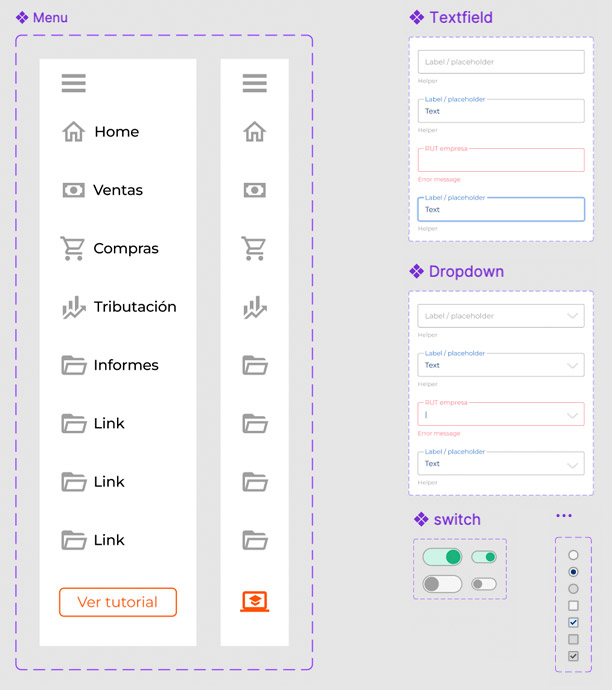 Visualización del software colaborativo de diseño Figma, mostrando algunos componenetes creados para la unificación de las plataformas de Maxxa. Diseño UX/UI optimizado por David.