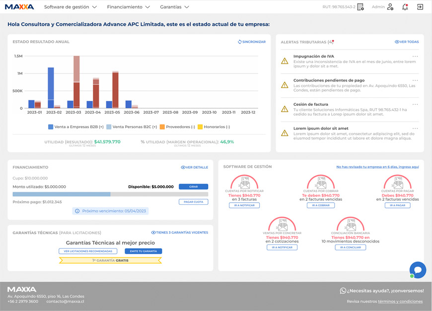 Interfaz de la plaforma de clientes unificada de Maxxa. Pantalla principal final mostrando la oferta de valor. Diseño UX/UI optimizado por David.