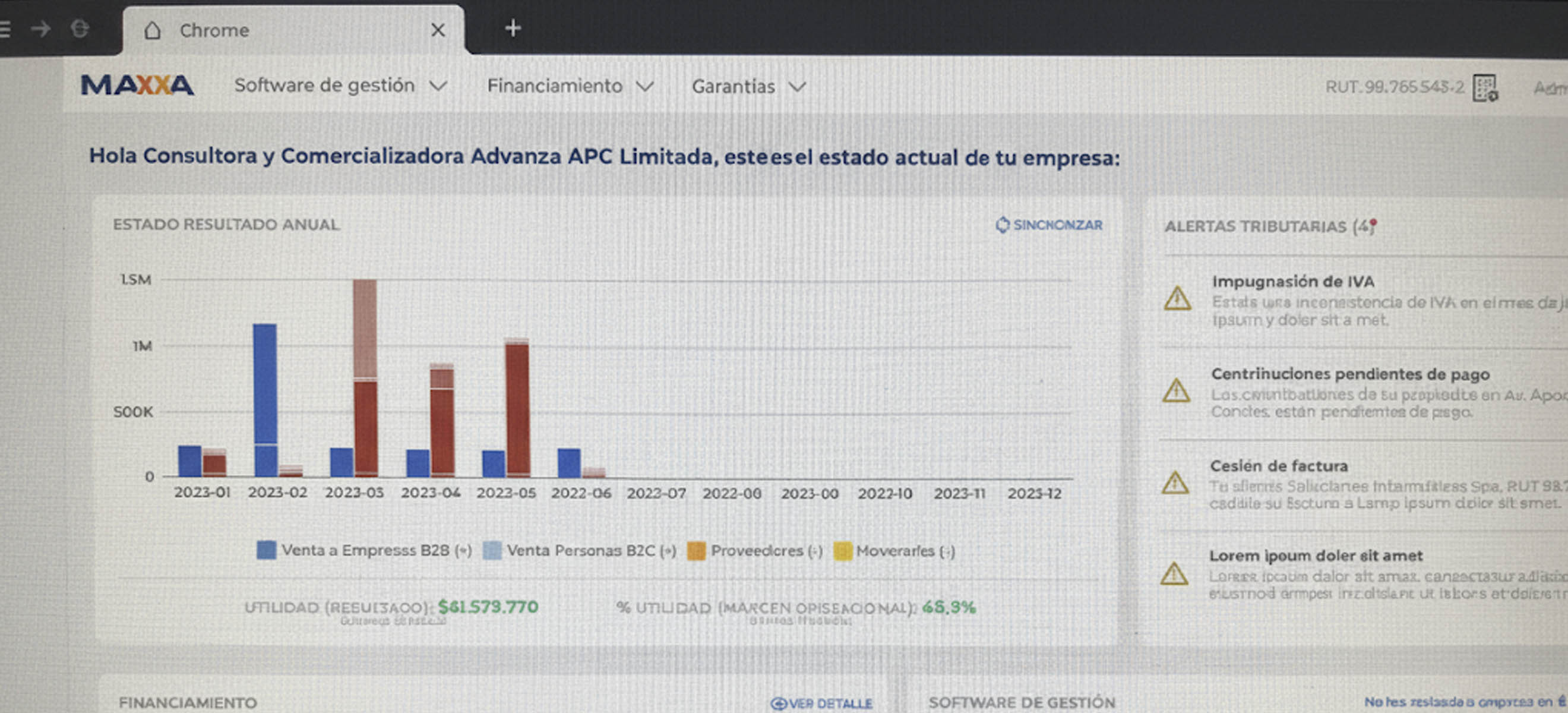 Página de inicio de la plataforma interna unificada de Maxxa, mostrando un resumen del estado financiero de la empresa y la oferta de valor de sus productos con gráficos y alertas, diseño UX/UI creado por David