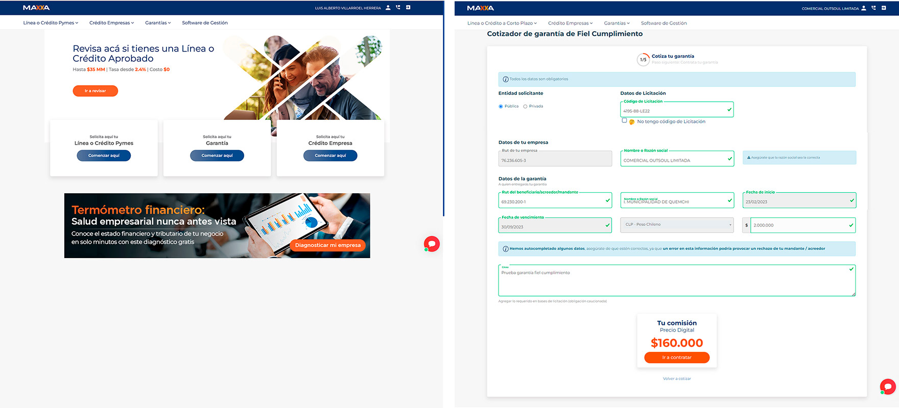 Interfaz de la plaforma interna de clientes. A la izquierda el home de créditos y otros productos y a la derecha el formulario de Garantías Técnicas de Maxxa.