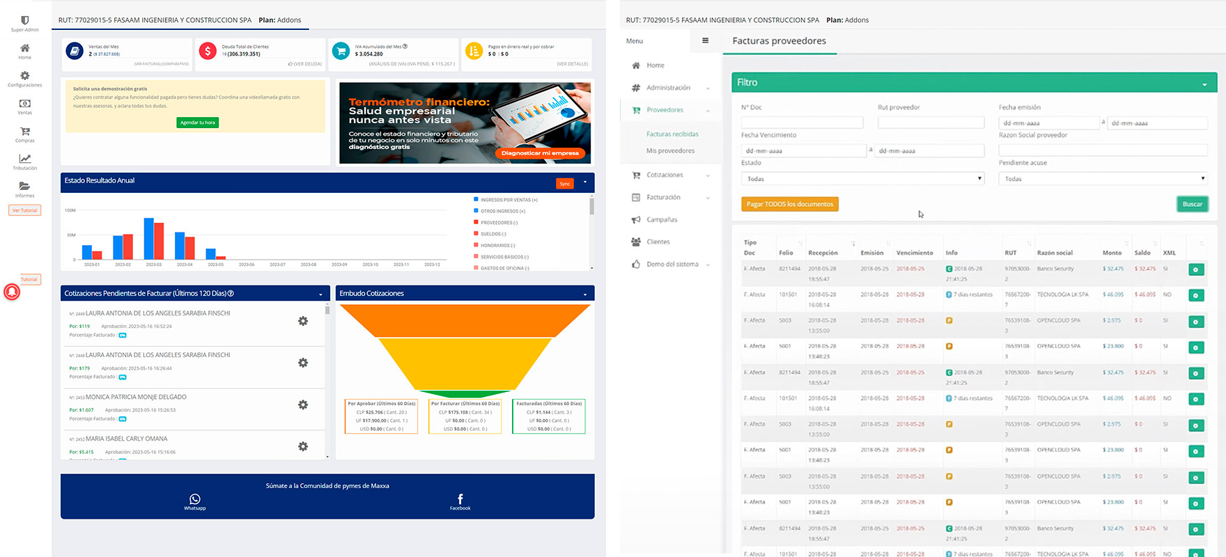 Interfaz de la plaforma ERP de Maxxa. A la izquierda el home, con KPI's y a la derecha una pantalla de contenido tipo lista del ERP (ex ERPyme).