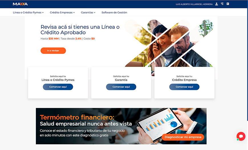 Interfaz de la plaforma interna de clientes de Maxxa donde se visualiza el home de créditos y otros productos.