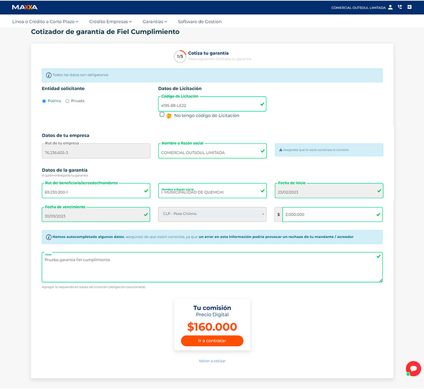 Interfaz de la plaforma interna de clientes de Garantías Técnicas, donde se visualiza el formulario de solicitud.