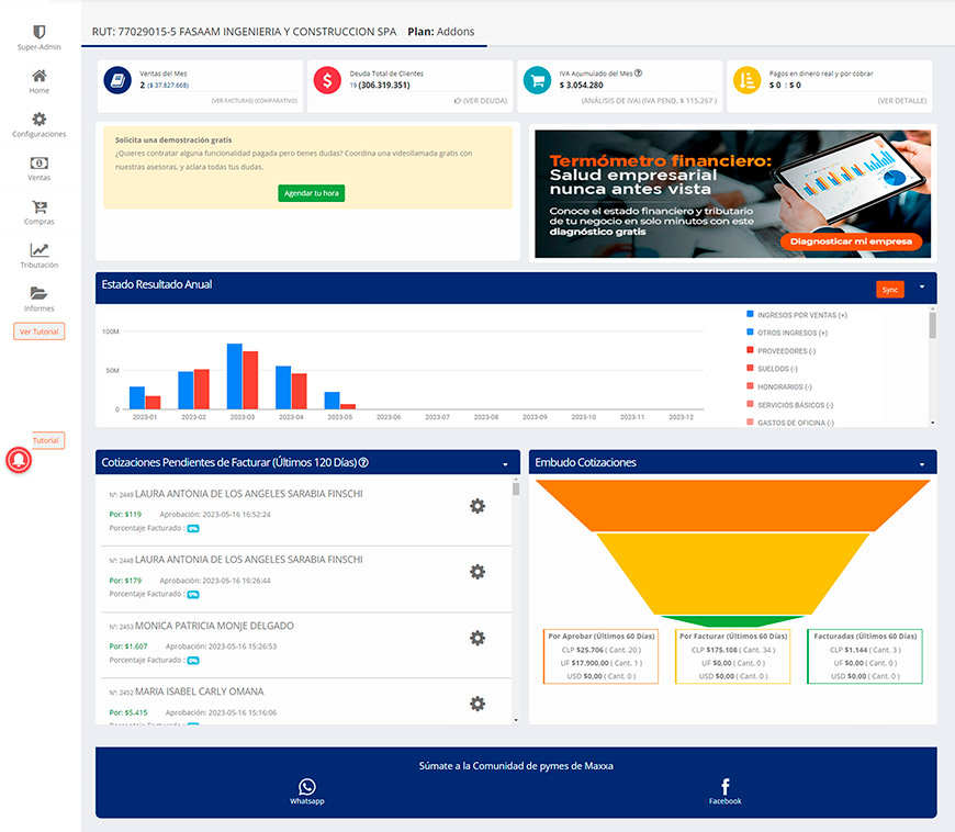 Interfaz de la plaforma ERP, con la pantalla de inicio, que muestra KPI's y otra información relevante (ex ERPyme).