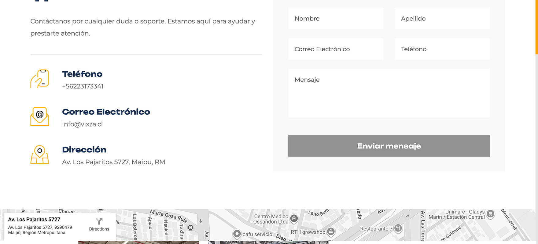 Página de Contacto del sitio web de Constructora Vixza mostrando información de contacto y el formulario web.