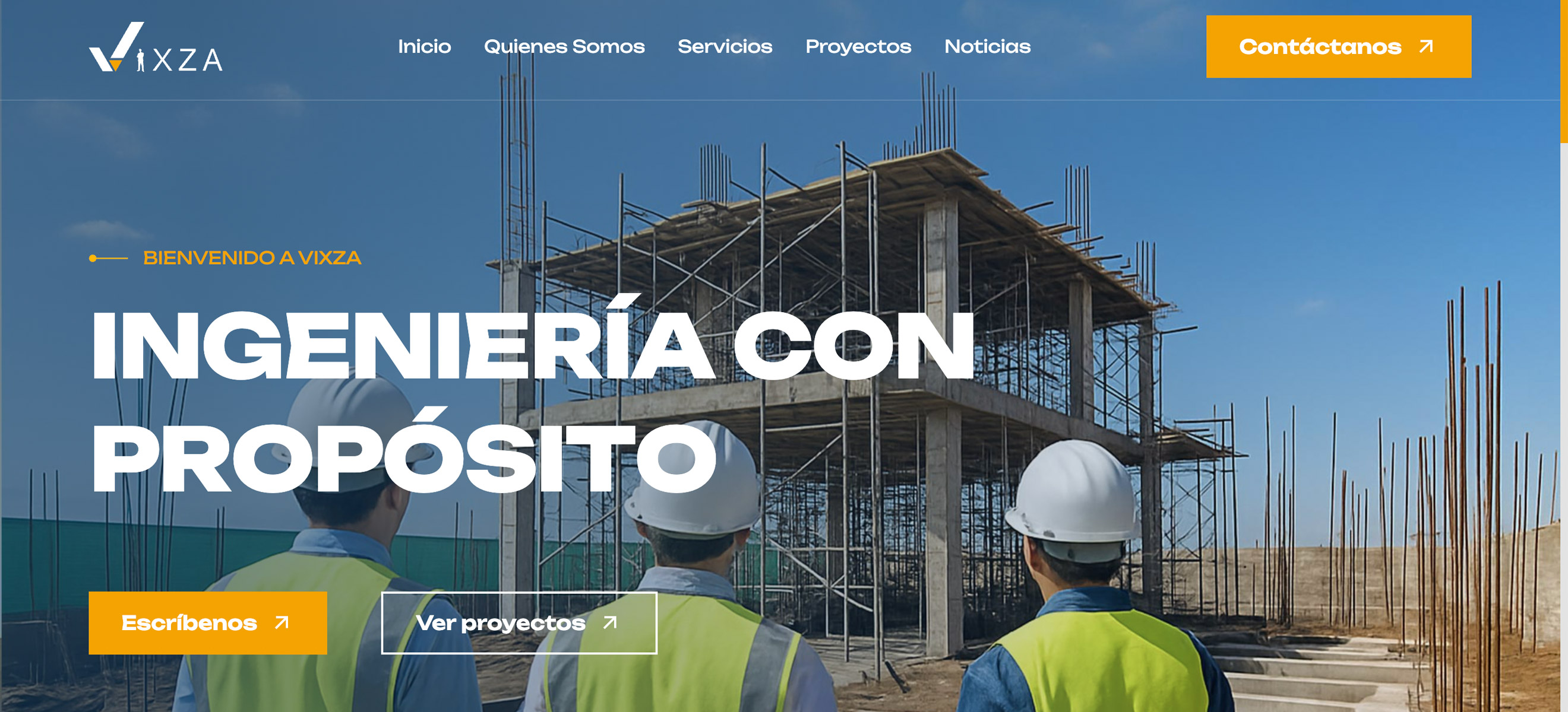 Página de inicio del sitio web de Constructora Vixza mostrando el área principal superior.