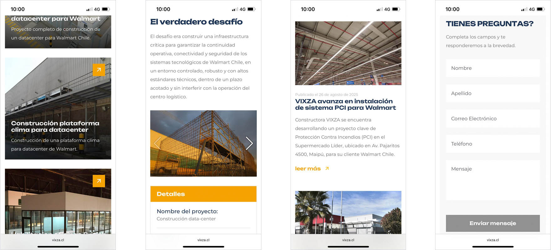 Versión móvil responsiva del sitio web de Constructora Vixza mostrando múltiples pantallas en smartphones.