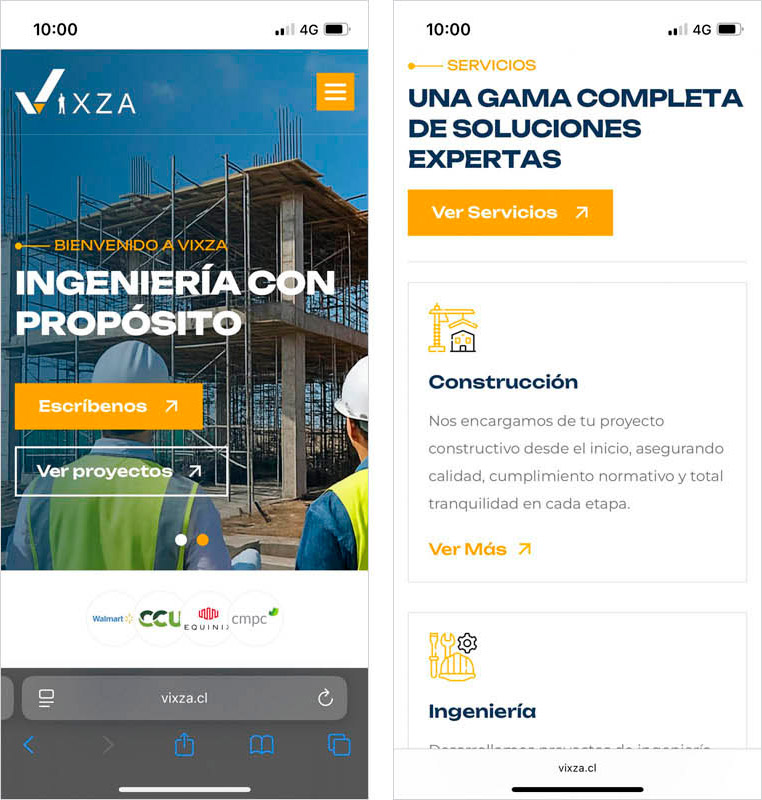 Versión móvil responsiva del sitio web de Constructora Vixza mostrando múltiples pantallas en smartphones.