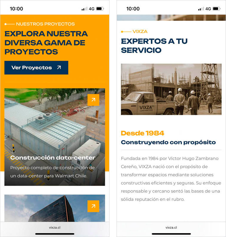 Versión móvil responsiva del sitio web de Constructora Vixza mostrando múltiples pantallas en smartphones.