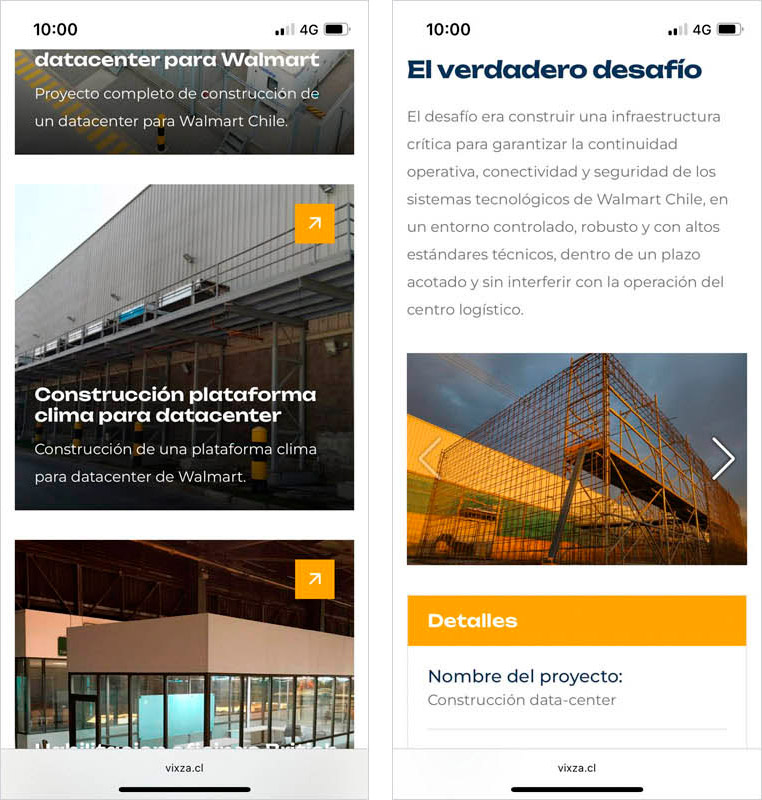 Versión móvil responsiva del sitio web de Constructora Vixza mostrando múltiples pantallas en smartphones.