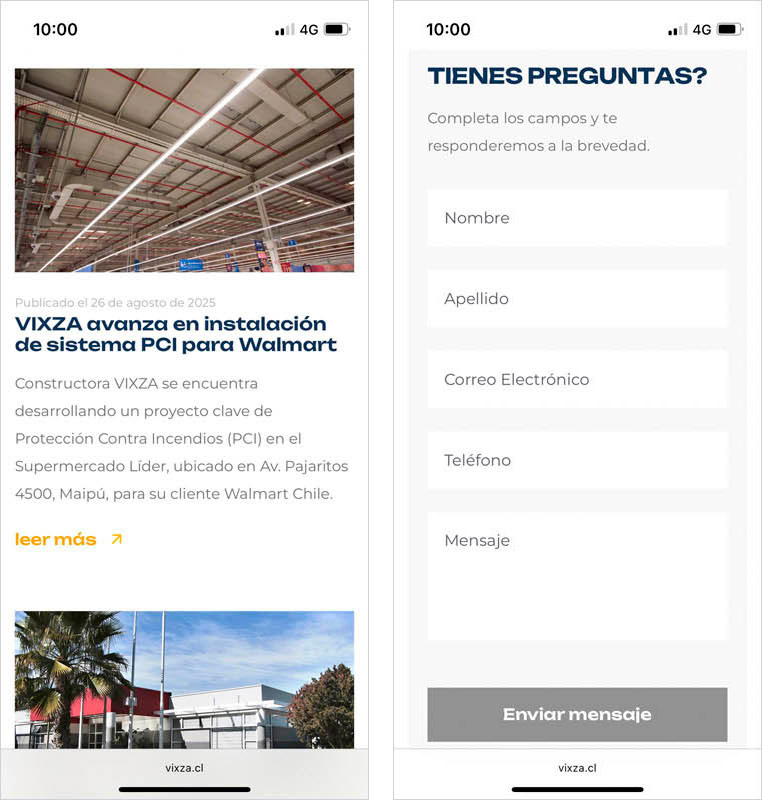 Versión móvil responsiva del sitio web de Constructora Vixza mostrando múltiples pantallas en smartphones.