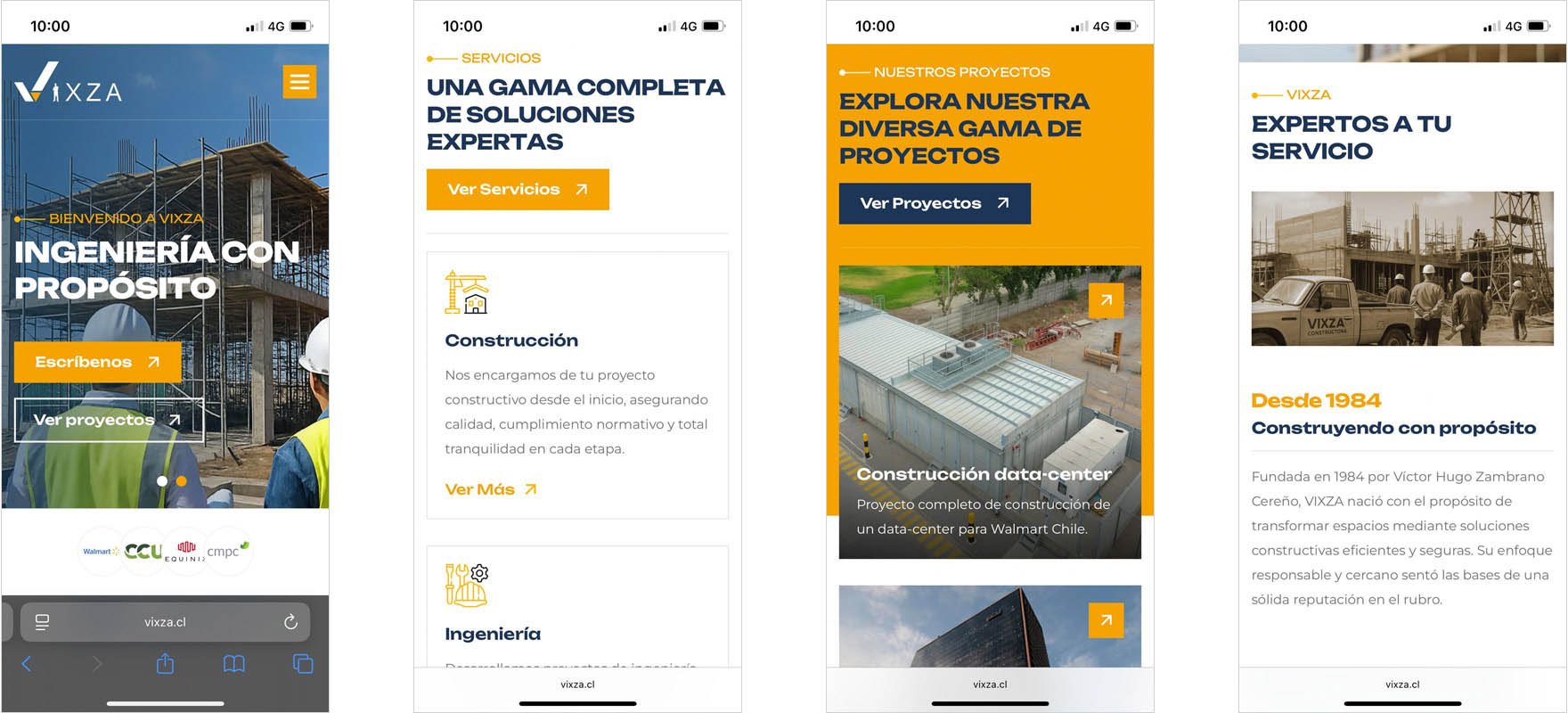 Versión móvil responsiva del sitio web de Constructora Vixza mostrando múltiples pantallas en smartphones.