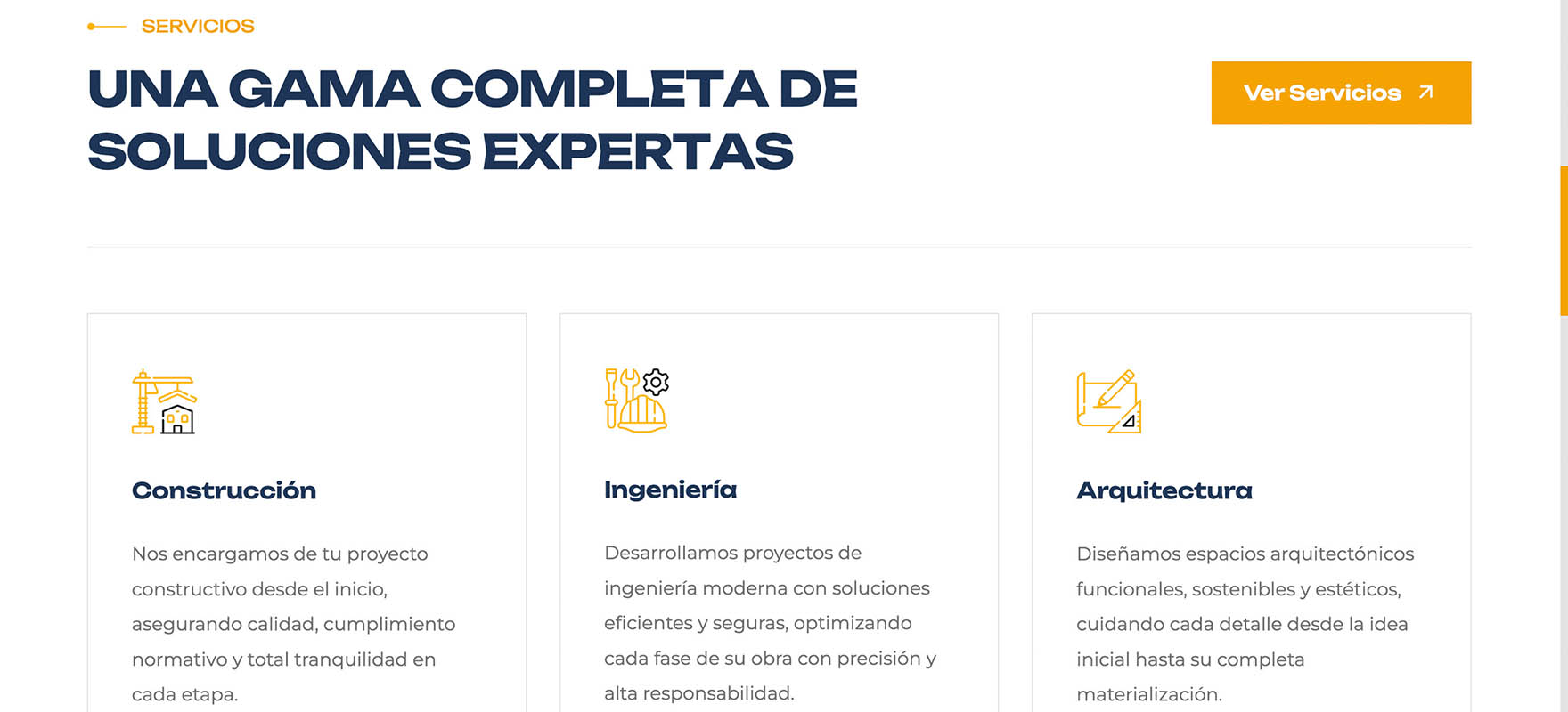 Página de inicio del sitio web de Constructora Vixza mostrando los servicios de la empresa.