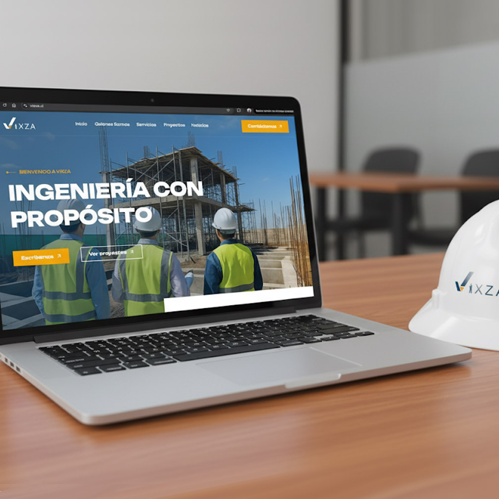 MacBook mostrando el sitio web rediseñado de Vixza Constructora, proyecto de mejora UX/UI con casco de construcción en escritorio